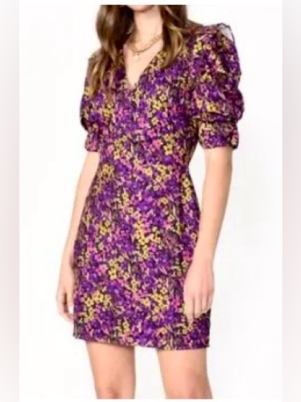 New Adelyn Rae Silky Purple Gold Floral Puff Sleeve V Neck Mini Cocktail Dress L